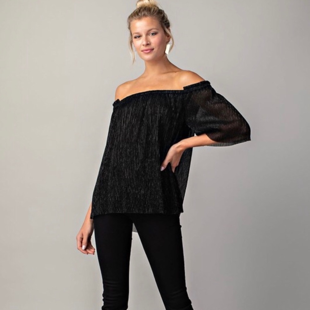 Black Metallic Pleated Off Shoulder Top - Picture 1 of 4